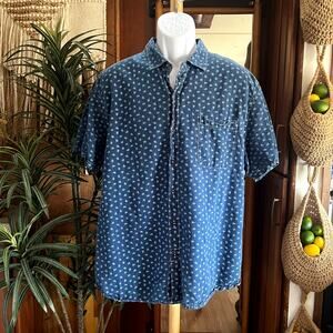 Tommy Bahama Linen Cotton Shirt XL | Blue Chambray Print Resort Short Sleeve